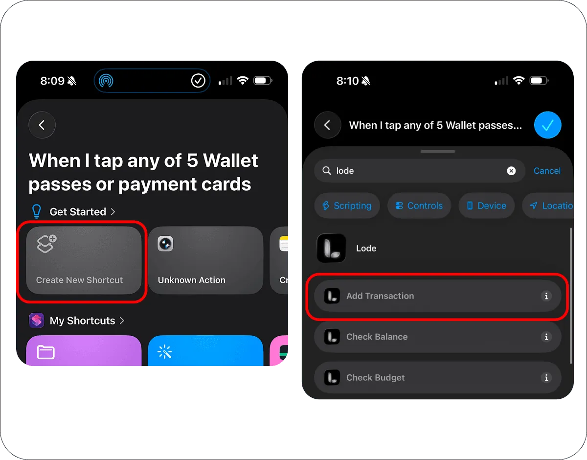Creating a new shortcut and adding Lode’s Add Transaction action
