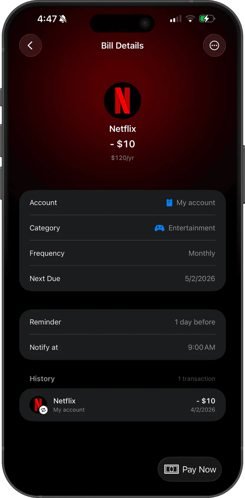 Bill Details for a monthly Netflix subscription with reminder, history and Pay Now