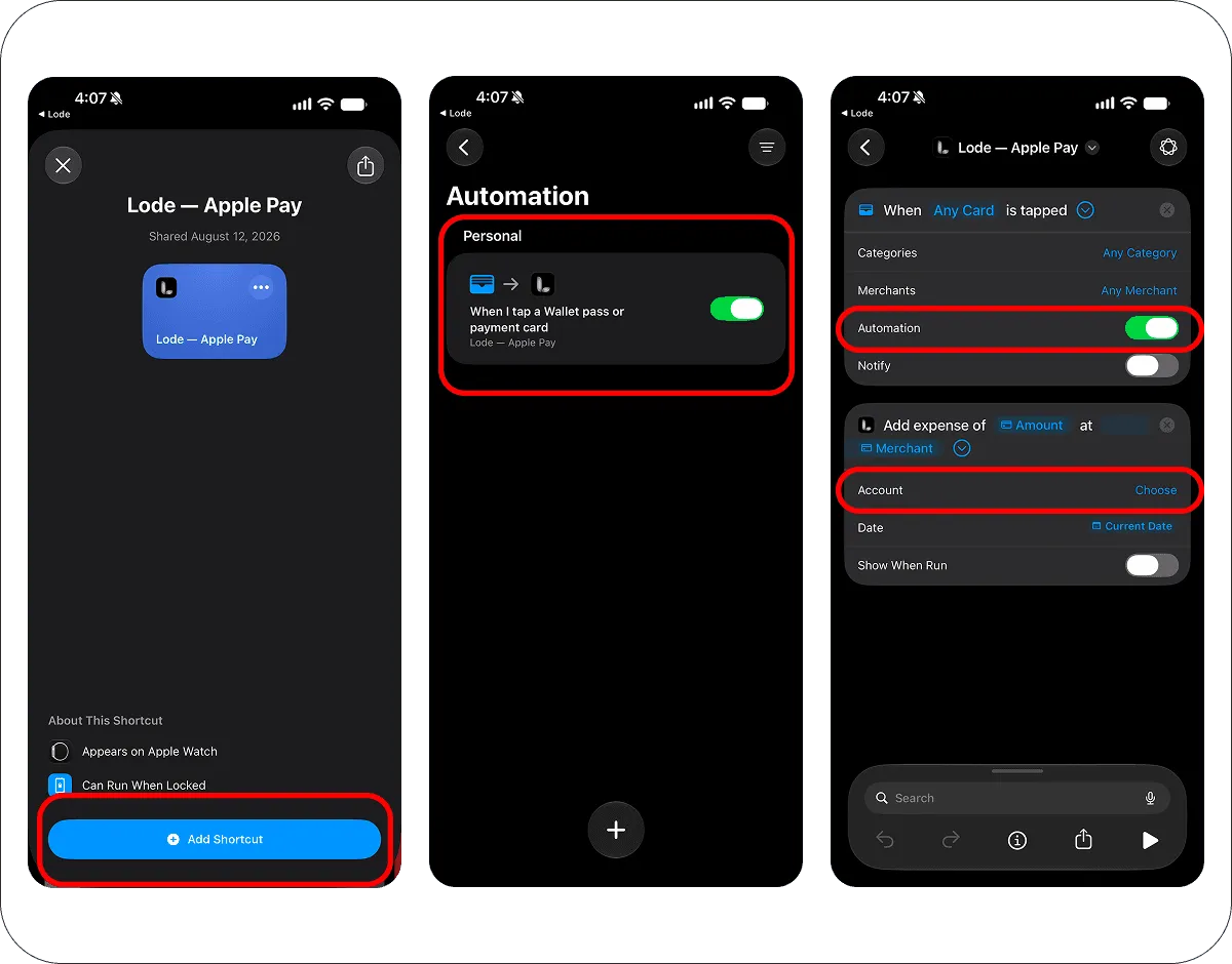 Adding the ready-made Lode — Apple Pay shortcut, the automation it creates, and its account setting