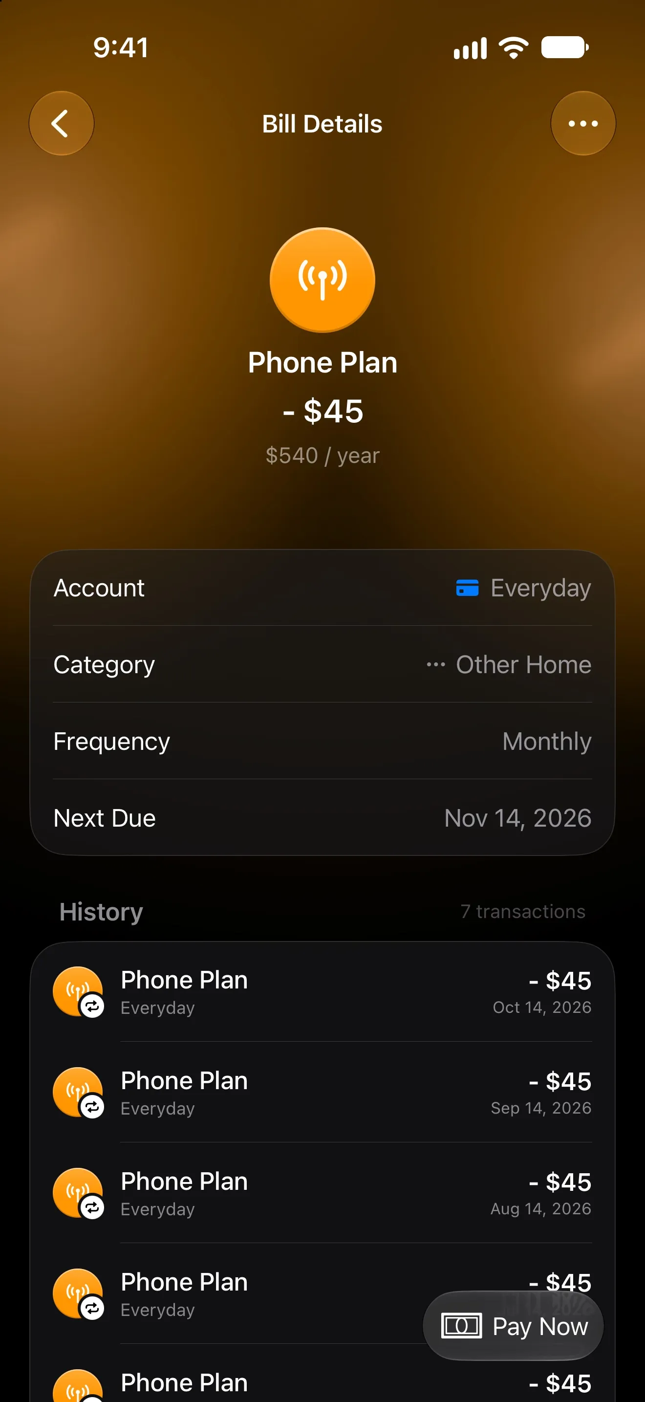Lode bill page for a monthly phone plan with the next due date and payment history