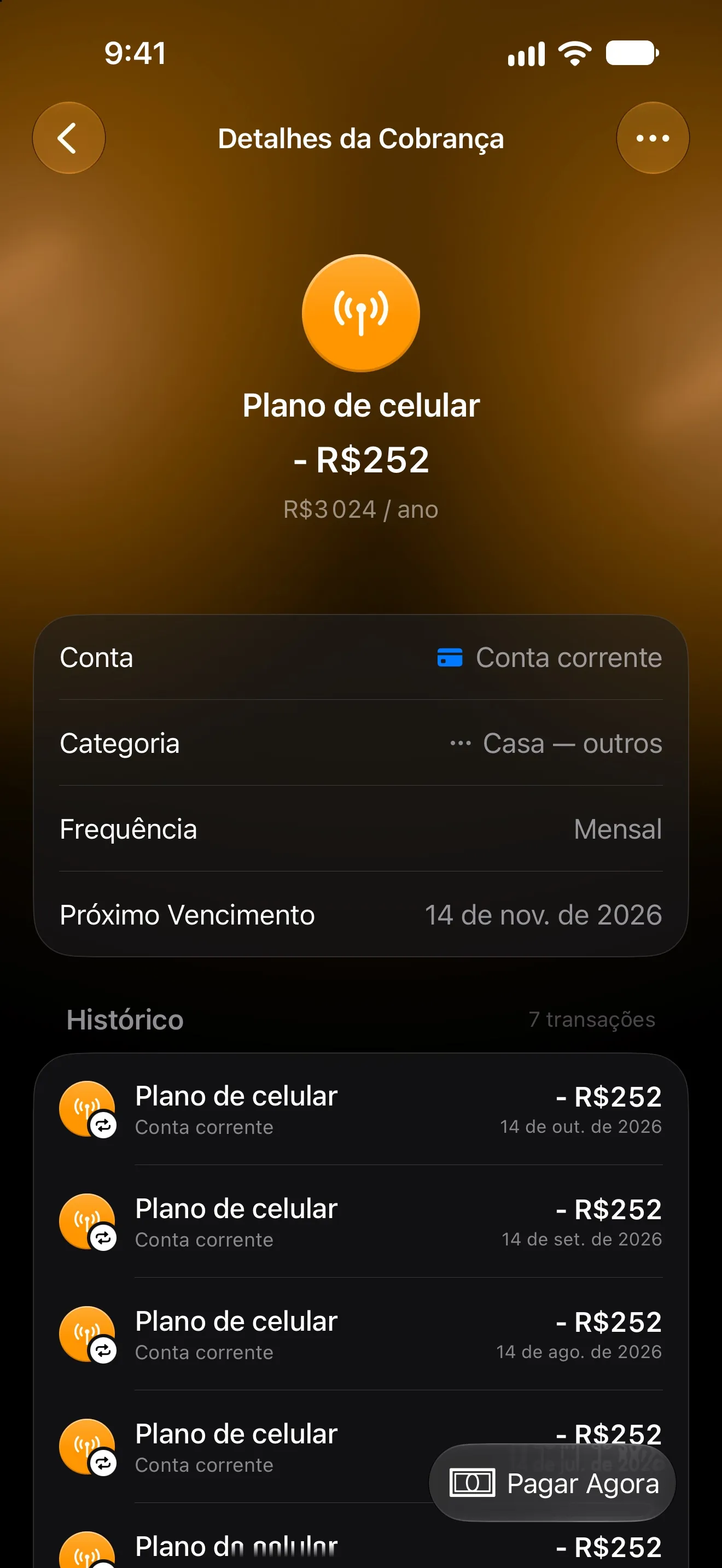 Página de uma cobrança do Lode para um plano de celular mensal com o próximo vencimento e o histórico de pagamentos