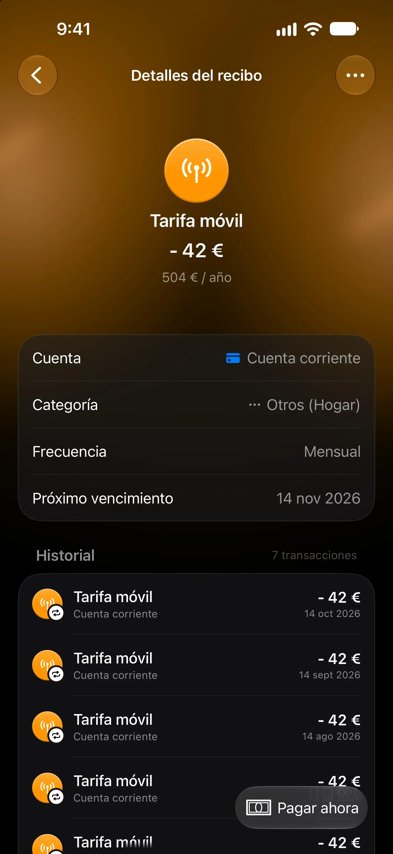 Página de un recibo de Lode para una tarifa de móvil mensual con la próxima fecha de pago y el historial de pagos