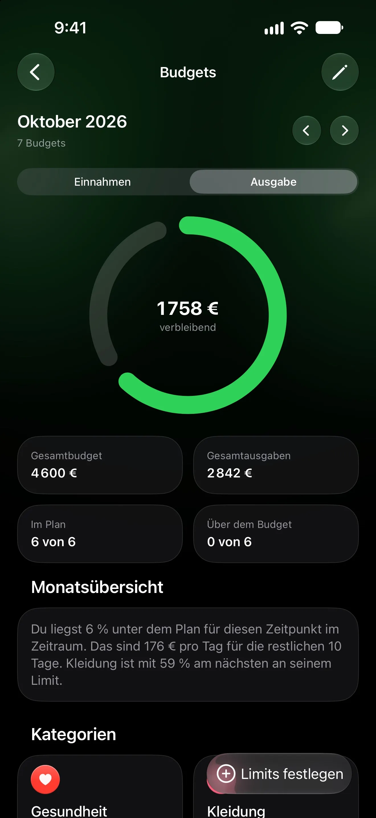 Lode-Budgets mit dem Betrag, der in diesem Monat übrig ist, dem Gesamtbudget und Kategorien im Plan