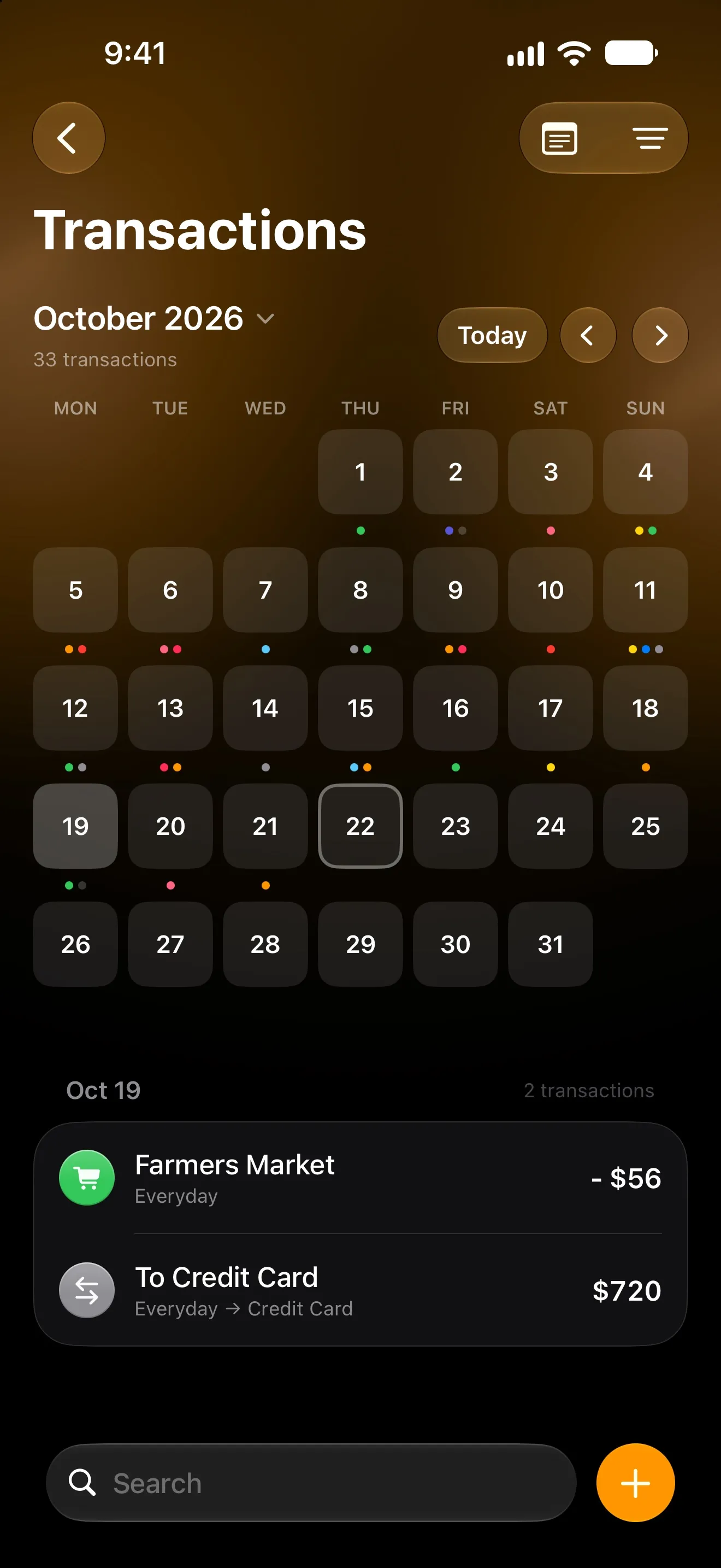 Lode transactions calendar for October with the day’s transactions below