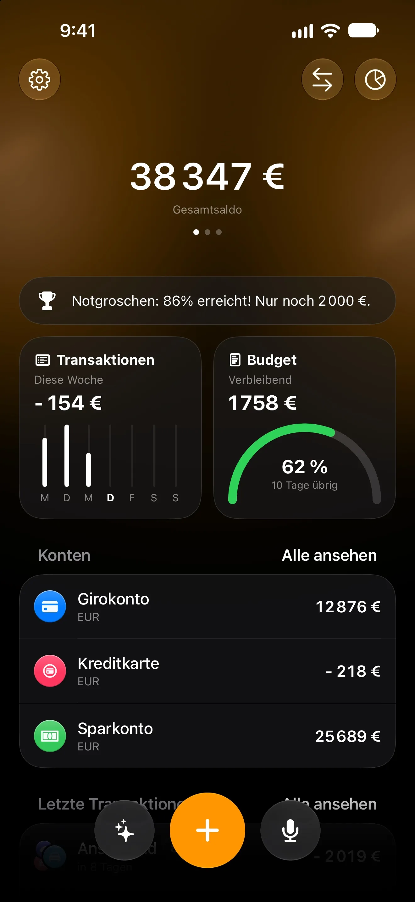 Lode-Startbildschirm mit Gesamtsaldo, den Ausgaben dieser Woche, dem Ring des Monatsbudgets und den Konten