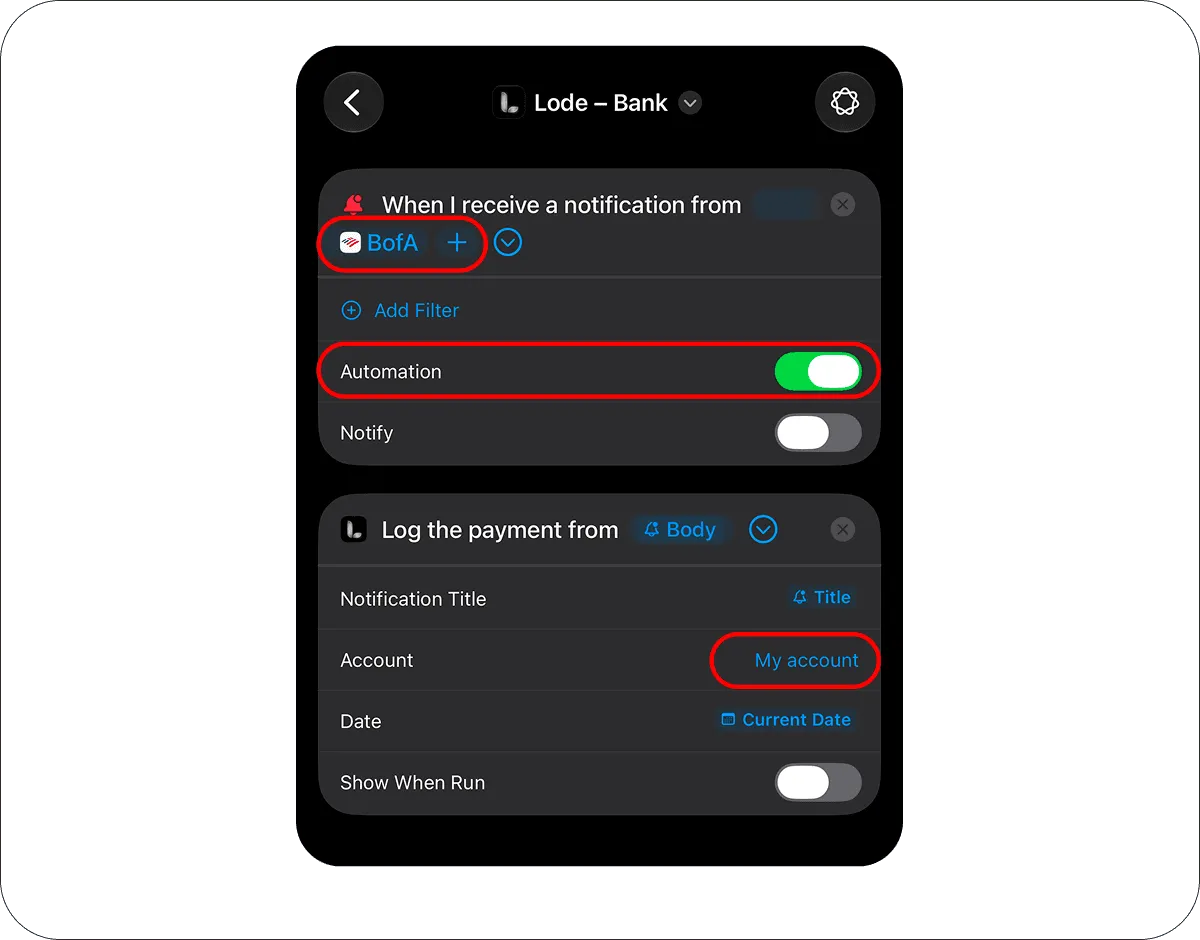 Lode — Bank shortcut with the bank’s app as the notification trigger, Automation on and the account chosen