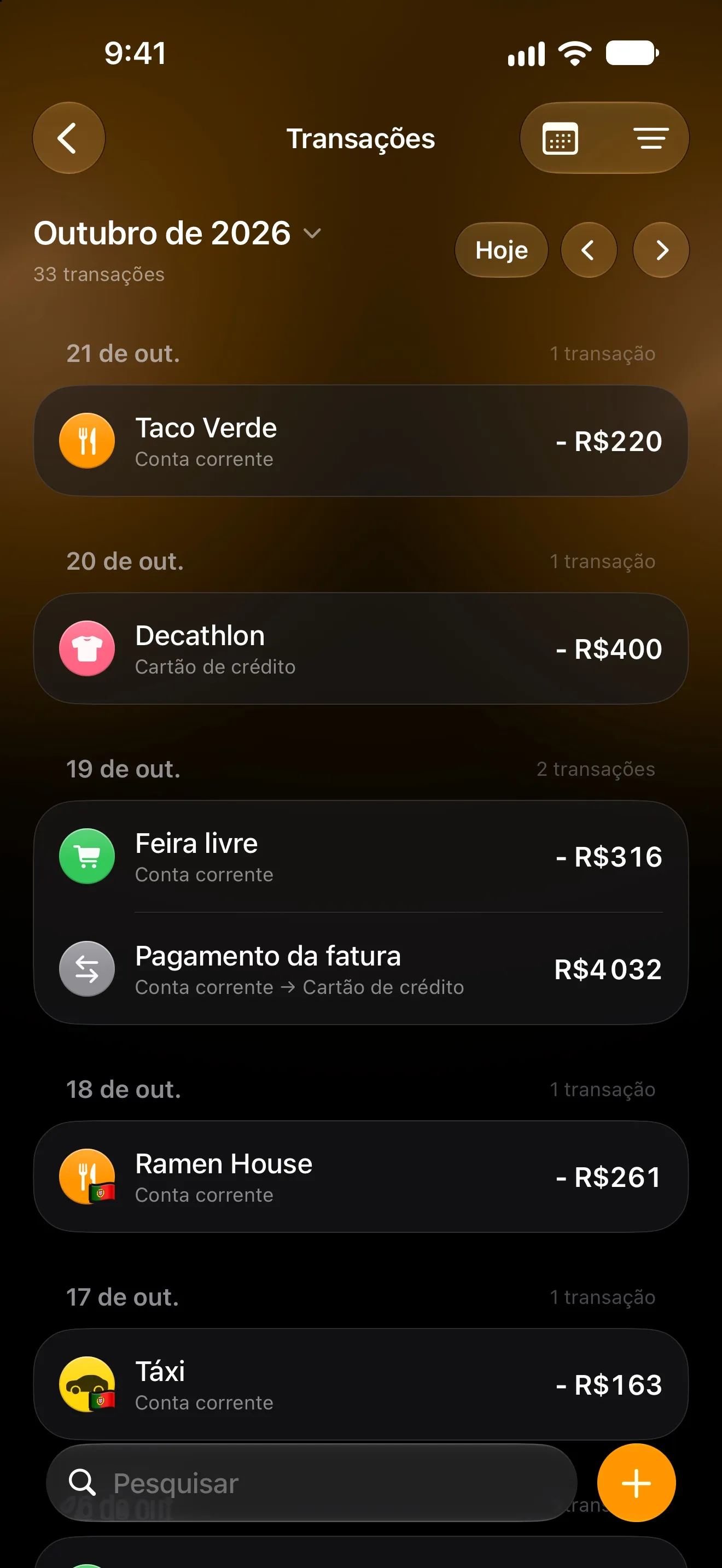 Transações do Lode de outubro, registradas automaticamente e agrupadas por dia