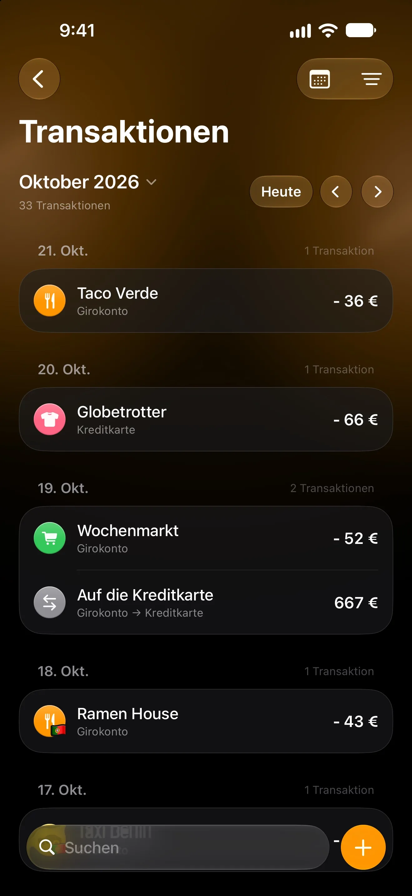 Lode-Transaktionen für Oktober, automatisch erfasst und nach Tagen gruppiert