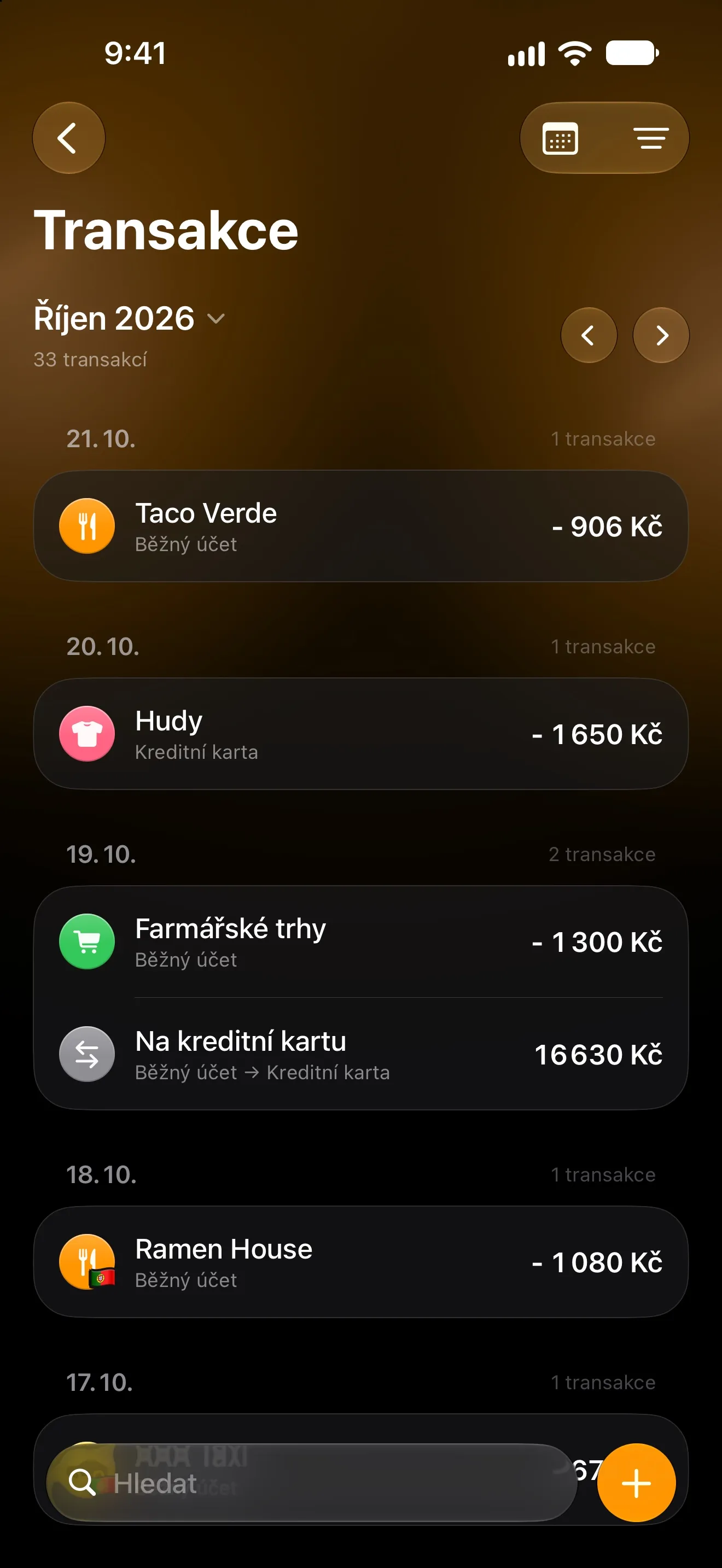 Transakce v Lode za říjen, zapsané automaticky a seskupené podle dnů