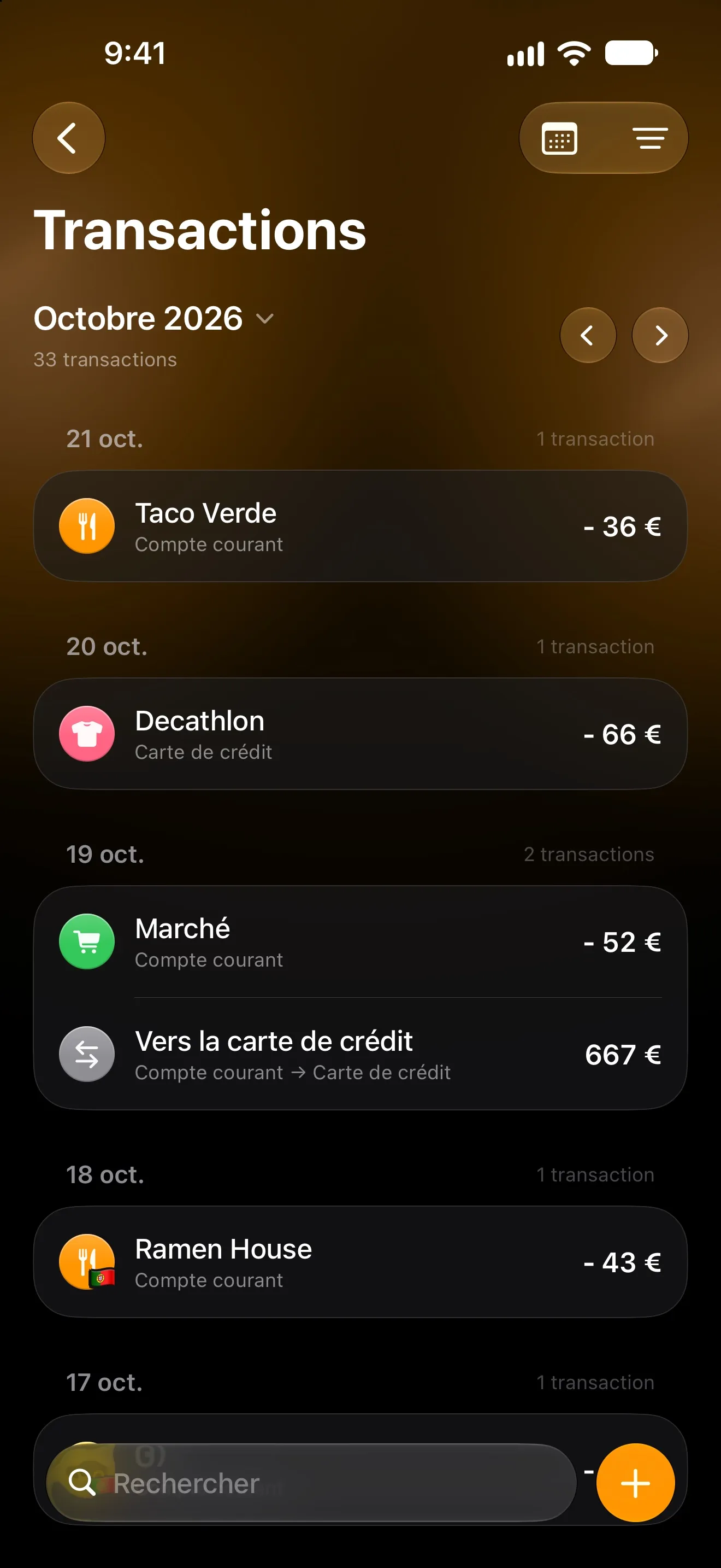Transactions de Lode pour octobre, enregistrées automatiquement et regroupées par jour