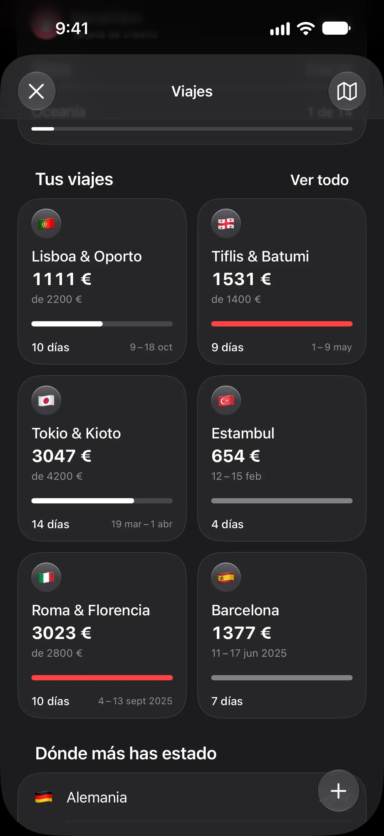 Viajes en Lode con presupuesto, fechas y bandera para cada uno: Lisboa y Oporto, Tiflis, Tokio, Estambul, Roma, Barcelona