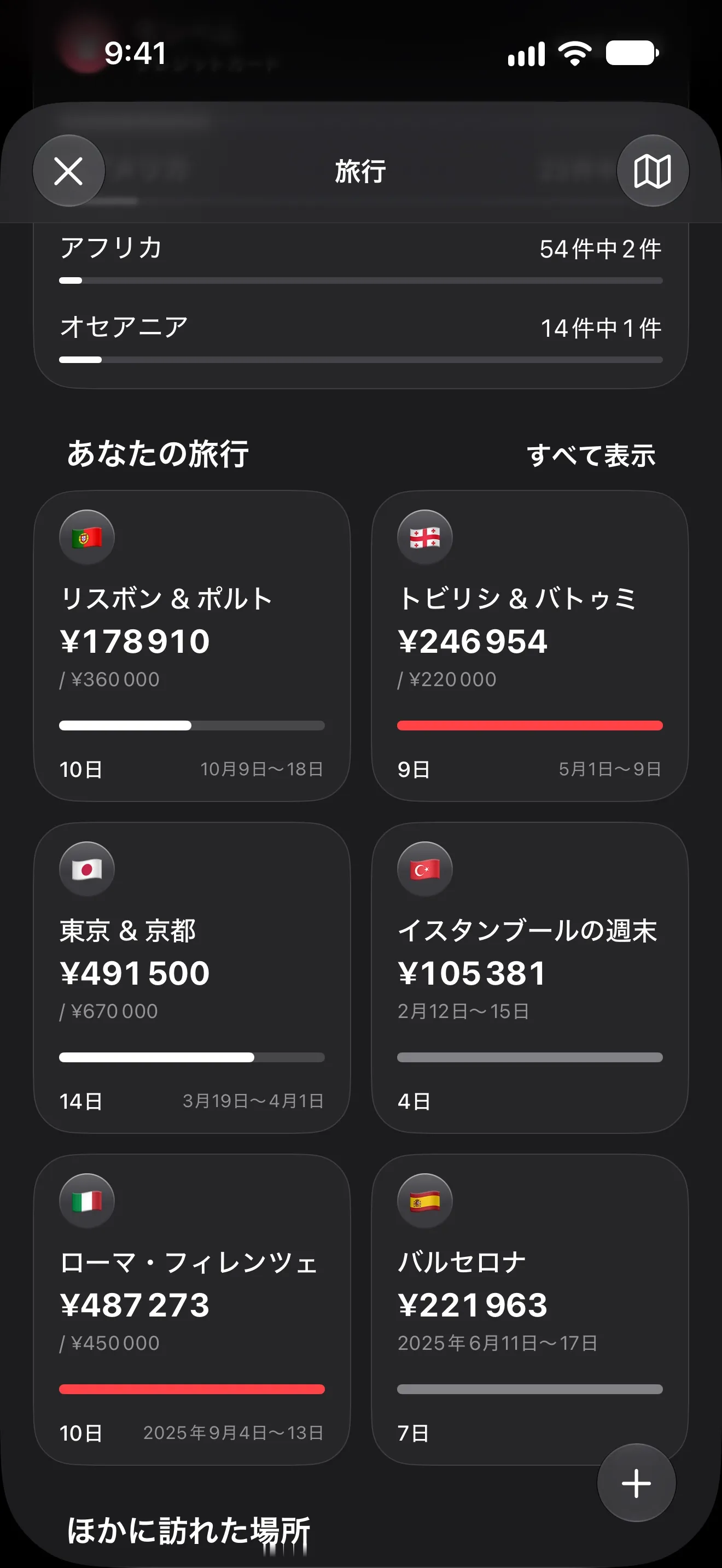 それぞれに予算・日程・国旗が付いた Lode の旅行一覧 — リスボンとポルト、トビリシ、東京、イスタンブール、ローマ、バルセロナ