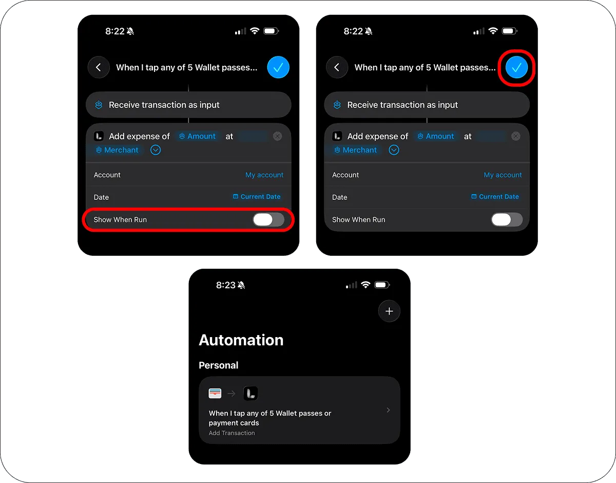 Turning off Show When Run and saving the finished Apple Pay automation
